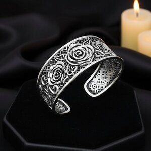 Rose Bangle – Adjustable 925 Sterling Silver Oxidized Statement Bracelet